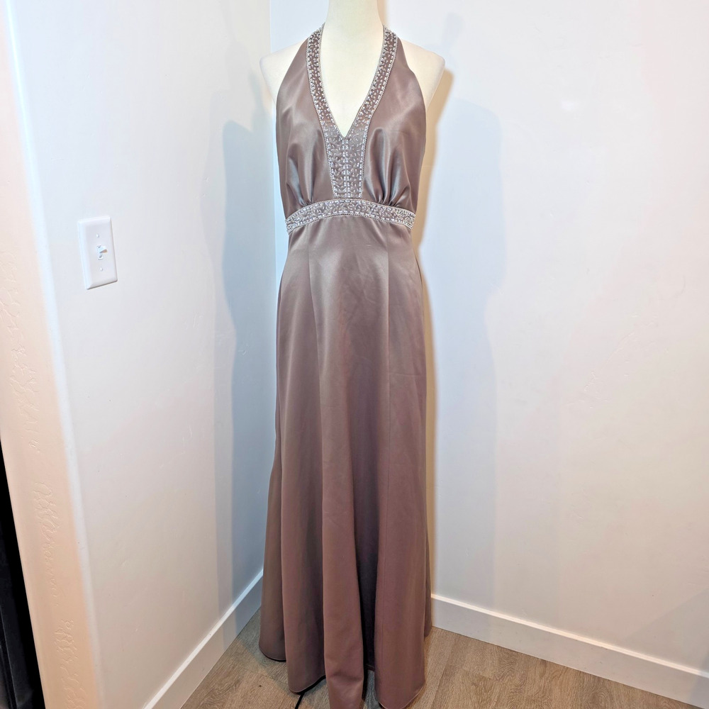 Gold Satin Halter Gown Size 10 Backless Deep V-Neck Formal Maxi Dress Embelished